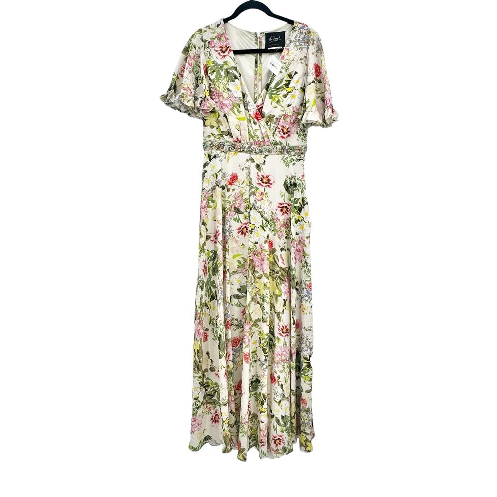 Mac Duggal Floral Print Faux Wrap Flutter Sleeve A-Line Gown Multicolor 12 NWT - Picture 7 of 11